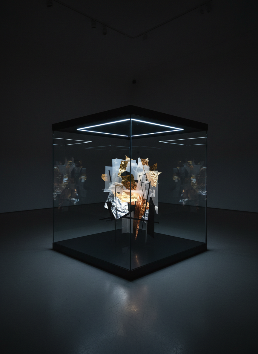 A dark, reflective glass display cube sits centrally in an otherwise empty, dim gallery space, containing a single illuminated small artwork: a layered, mixed-media composition of translucent vellum, metallic foils, and deep matte black paper. Hidden internal LEDs bathe the piece in a cool, focused glow, causing the metallic elements to shimmer while the outer gallery remains in soft shadow. Subtle reflections of the artwork appear on the cube’s surfaces, suggesting multiplicity and depth. Shot at a low angle to emphasize the cube’s monolithic presence, with a controlled, cinematic composition and deep contrast, the photographic realism creates a mysterious, avant-garde atmosphere that celebrates the idea of a mini-gallery as a portal to conceptual worlds.