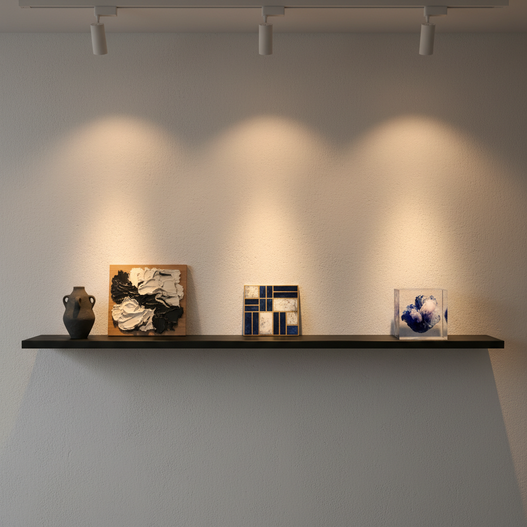 A long, floating shelf in matte black wood runs horizontally across a textured off-white wall, supporting an eclectic yet harmonious lineup of small-format artworks: a matte charcoal clay vessel, a square panel with thick impasto paint, a glossy ceramic tile with geometric inlay, and a delicate glass cube with a suspended pigment cloud. The shelf is lit by a continuous track of warm, narrow-beam spotlights from above, producing precise pools of light and dramatic yet controlled shadows below each piece. Photographed straight-on with a wide aspect ratio and careful rule-of-thirds alignment, the image feels like a miniature curated exhibition, showcasing the collective’s diversity while maintaining an understated, sophisticated mood.