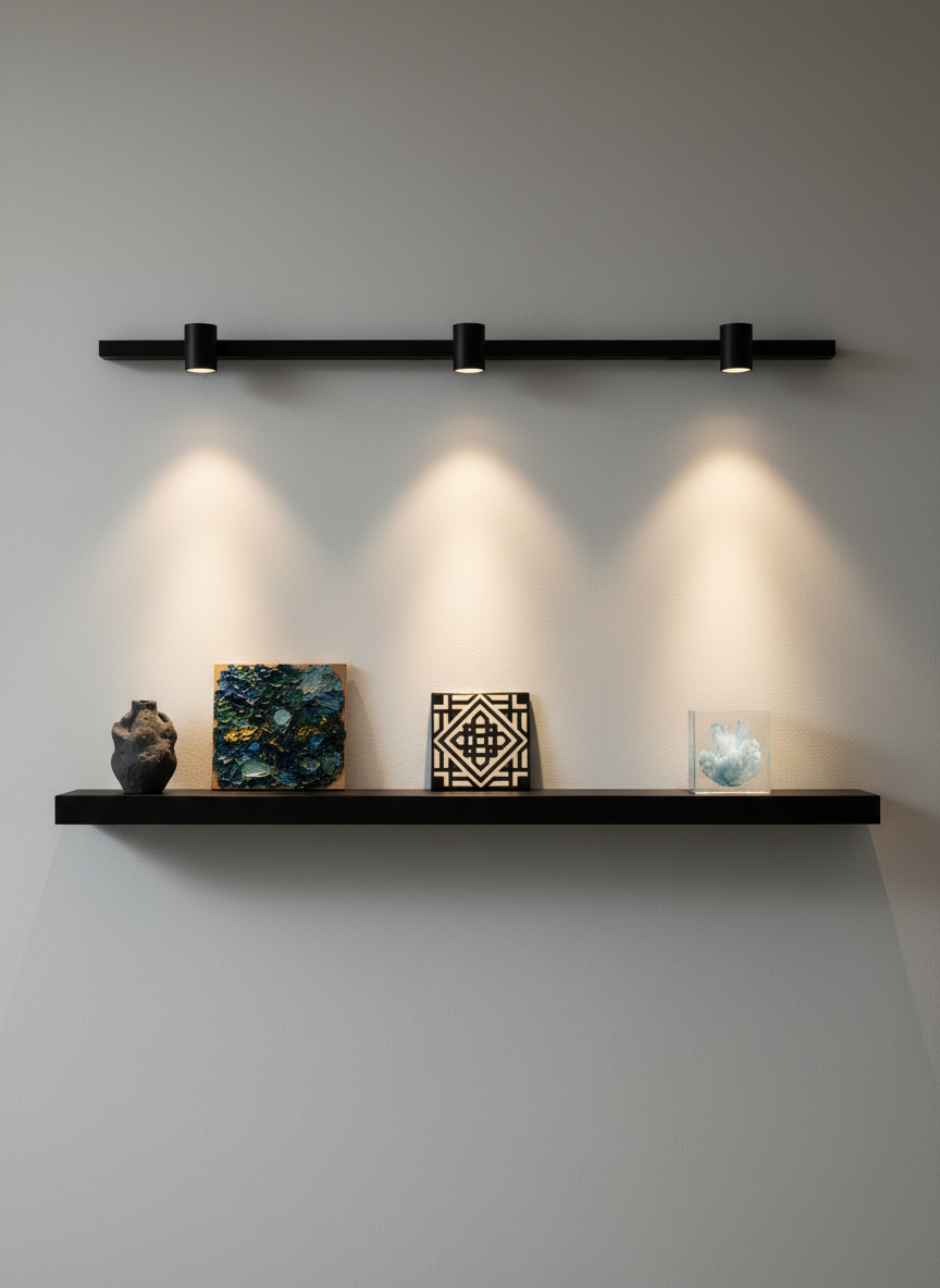 A long, floating shelf in matte black wood runs horizontally across a textured off-white wall, supporting an eclectic yet harmonious lineup of small-format artworks: a matte charcoal clay vessel, a square panel with thick impasto paint, a glossy ceramic tile with geometric inlay, and a delicate glass cube with a suspended pigment cloud. The shelf is lit by a continuous track of warm, narrow-beam spotlights from above, producing precise pools of light and dramatic yet controlled shadows below each piece. Photographed straight-on with a wide aspect ratio and careful rule-of-thirds alignment, the image feels like a miniature curated exhibition, showcasing the collective’s diversity while maintaining an understated, sophisticated mood.