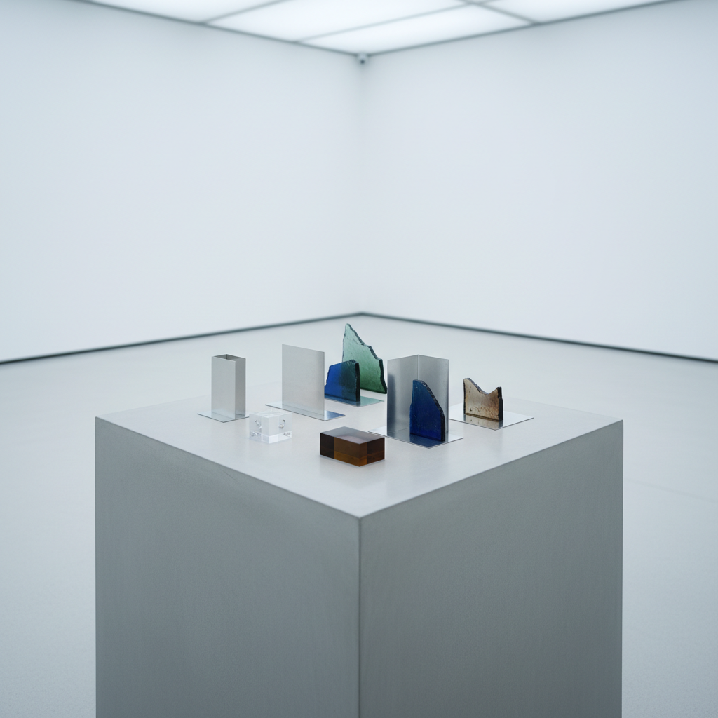 A polished concrete plinth in the center of a pristine white gallery room supports a cluster of experimental miniature sculptures: translucent resin blocks, folded brushed-aluminum sheets, and fragments of colored glass, all precisely arranged in a considered composition. Around the plinth, the floor is bare, emphasizing space and quiet. Cool, diffused natural light enters from an unseen skylight above, creating crisp, elegant reflections on the resin surfaces and subtle gradients across the metal. Captured from a slightly elevated angle with a shallow depth of field that softly blurs the distant walls, the photographic realism and minimalist aesthetic convey a refined, contemplative mood appropriate for a sophisticated artist collective.