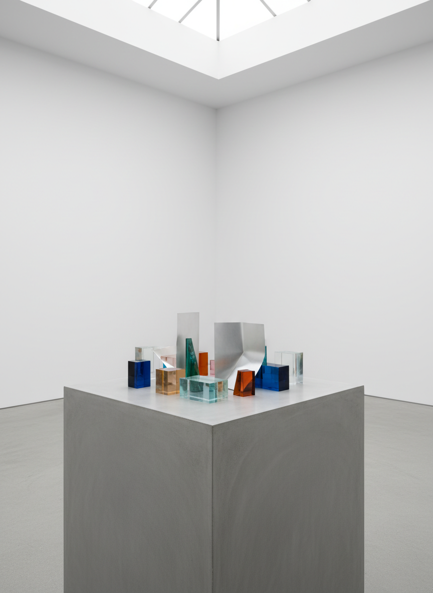 A polished concrete plinth in the center of a pristine white gallery room supports a cluster of experimental miniature sculptures: translucent resin blocks, folded brushed-aluminum sheets, and fragments of colored glass, all precisely arranged in a considered composition. Around the plinth, the floor is bare, emphasizing space and quiet. Cool, diffused natural light enters from an unseen skylight above, creating crisp, elegant reflections on the resin surfaces and subtle gradients across the metal. Captured from a slightly elevated angle with a shallow depth of field that softly blurs the distant walls, the photographic realism and minimalist aesthetic convey a refined, contemplative mood appropriate for a sophisticated artist collective.