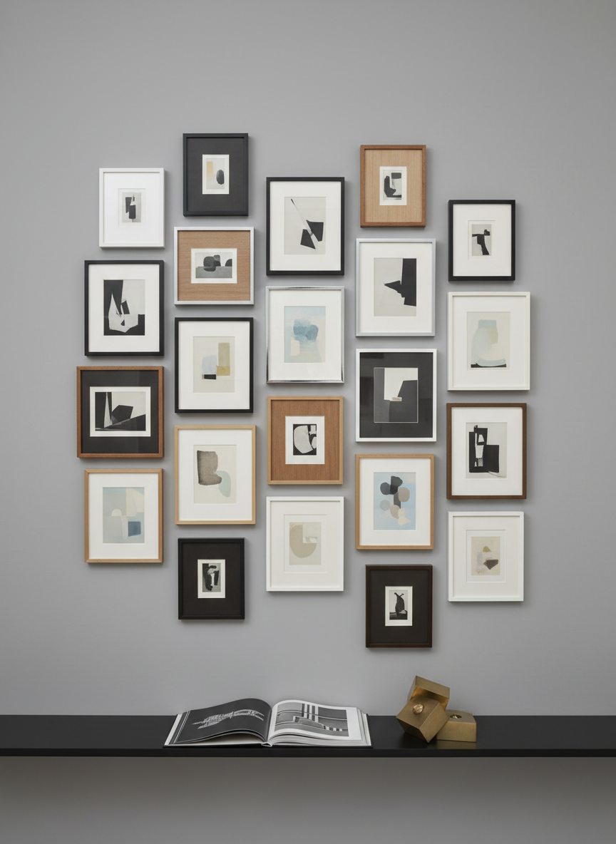 A meticulously curated wall of small art frames, each different in size and material, arranged in a precise grid on a matte dove-grey gallery wall. The frames hold abstract monochrome photographs and subtle color studies, all with generous white borders that emphasize negative space. Below, a slim black steel ledge displays a single open art book and a minimalist sculptural object in brushed brass. Soft, diffused gallery lighting from recessed ceiling fixtures casts gentle, even illumination, creating delicate shadows beneath each frame. Shot at eye level with sharp focus and balanced composition, the photographic style is clean, modern, and sophisticated, evoking an intimate mini-gallery experience and the idea of ‘Art Beyond the Frame.’