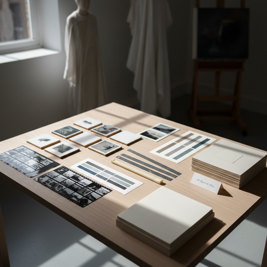 An intimate corner of a contemporary studio-gallery showing a low, flat archival table in pale oak, its surface meticulously arranged with contact sheets, pigment test strips, and small mounted prints laid out in structured rows. Beside them rest slender metal rulers, a bone folder, and neatly stacked heavyweight paper samples, all in neutral tones. Soft north-facing window light washes across the table from the left, accentuating paper fibers and the subtle sheen of ink while leaving the far corner in gentle shadow. Captured from a high three-quarter angle with sharp focus on the table and a slightly blurred, unobtrusive backdrop, the photographic style is precise and documentary, revealing the refined process behind ‘Art Beyond the Frame.’